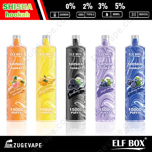 Top 10 High-Capacity Puff Vapes To Try In 2024 23 Five Colorful Elf Box Disposable Shisha Devices With 15000 Puffs Each, Featuring Different Flavors: Peach Mango Watermelon, Mango Banana, Blueberry, Grape Wine, And Blueberry Ice, Displayed Against A White Background With Product Details At The Top.