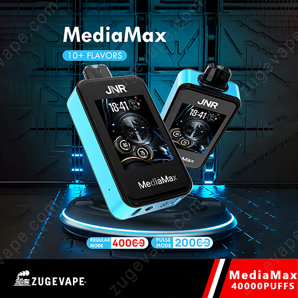 Top 10 High-Capacity Puff Vapes To Try In 2024 26 A Futuristic Vaping Device Named Mediamax By Jnr, Featuring A Digital Interface, Displayed On A Sleek Podium With A Sci-Fi Background, Offering 10+ Flavors And Up To 40,000 Puffs.
