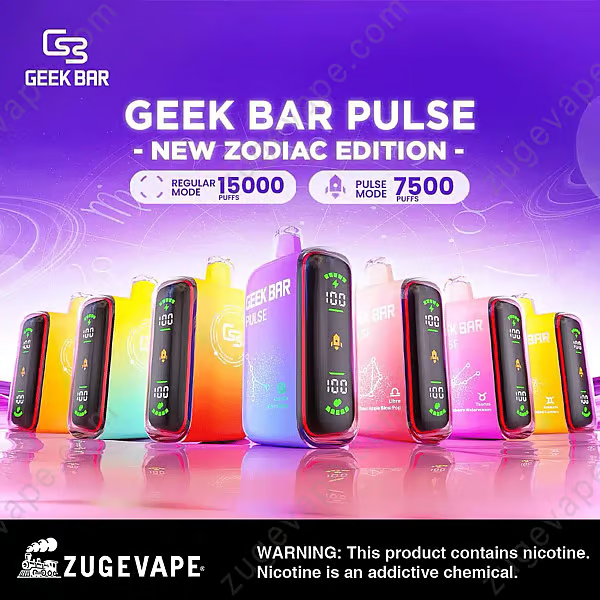 Top 10 High-Capacity Puff Vapes To Try In 2024 27 A Colorful Display Of Geek Bar Pulse New Zodiac Edition Disposable Vapes, Featuring Multiple Vibrant Designs And Modes Offering 15,000 Puffs In Regular Mode And 7,500 Puffs In Pulse Mode, With A Health Warning About Nicotine Addiction At The Bottom.