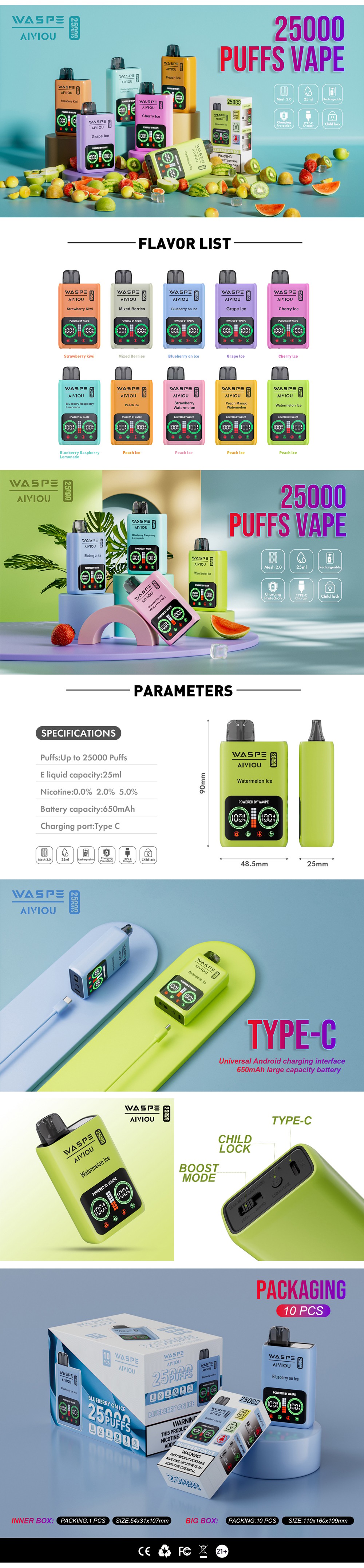Waspe 25000 inhalaciones Vape desechable 25K pantalla LED 15 Banner de 25000 bocanadas de avispa