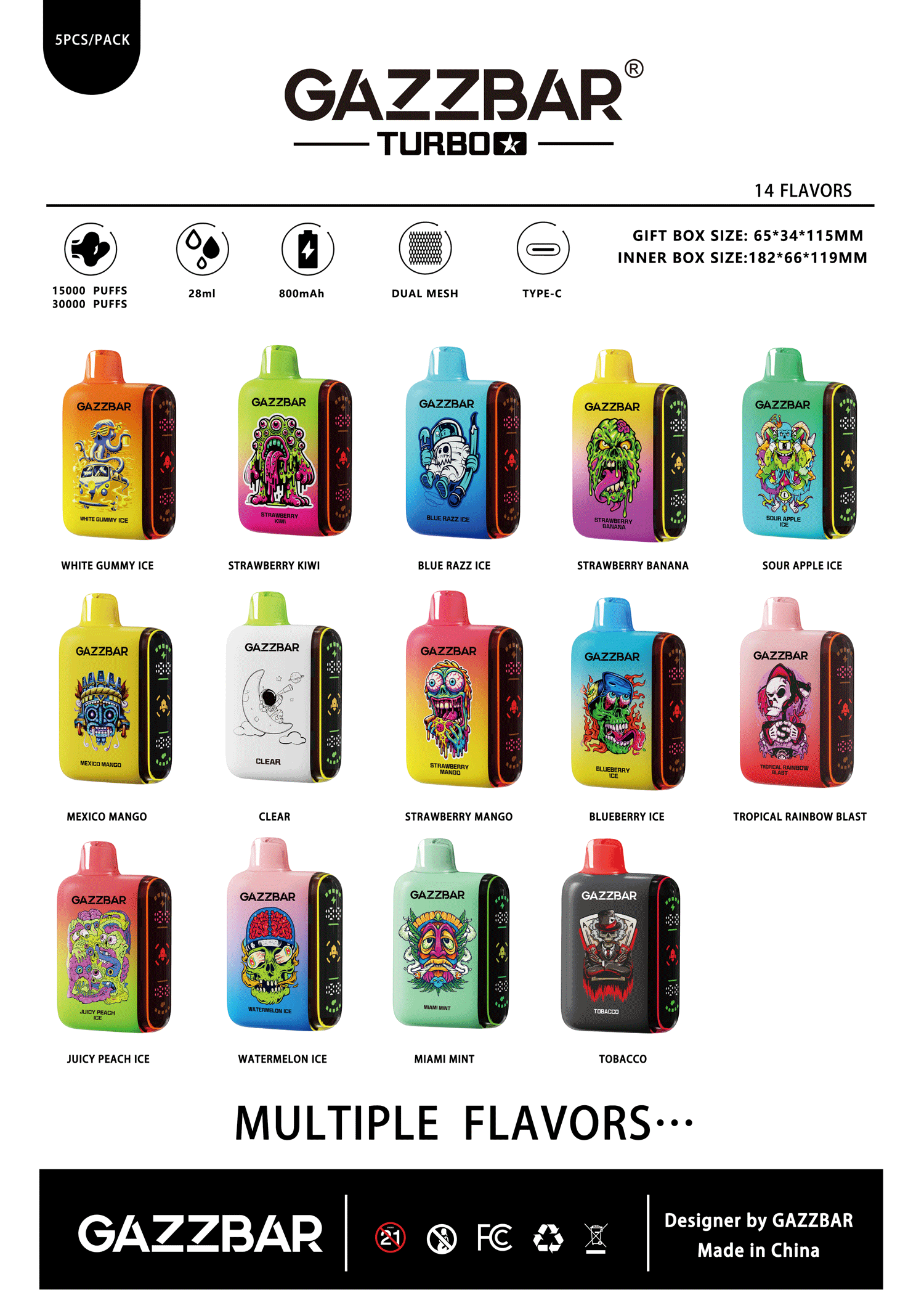 "Dispositivos desechables para vapear Gazzbar Turbo en 14 sabores, presentados en una cuadrícula. Cada dispositivo presenta ilustraciones y etiquetas únicas que indican sabores como White Gummy Ice, Strawberry Kiwi y Blue Razz Ice. Las especificaciones del dispositivo incluyen de 15 000 a 30 000 bocanadas, capacidad de 28 ml, batería de 800 mAh, bobinas de malla doble y carga tipo C."
