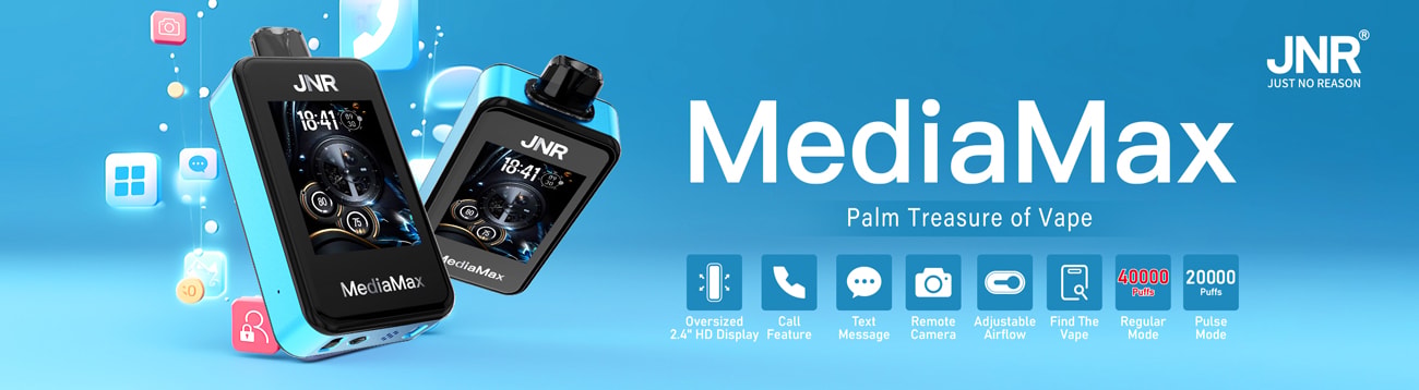 Mayoristas disponibles de Jnr Mediamax 40000 Puffs Smart 40K Vape 14 "Dispositivo de vapeo Mediamax de Jnr con pantalla HD de 2,4 pulgadas, función de llamada, mensajería de texto, cámara remota, flujo de aire ajustable, función Find My Vape, modos regular y de pulso, que ofrece hasta 40 000 bocanadas."
