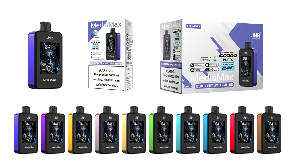 Mayoristas disponibles de Jnr Mediamax 40000 Puffs Smart 40K Vape 18 Una colección de dispositivos de vapeo Jnr Mediamax en varios colores, con una pantalla HD de 2,4" y opciones para hasta 40 000 bocanadas. El empaque resalta el sabor a sandía y arándanos e incluye una etiqueta de advertencia sobre la nicotina.