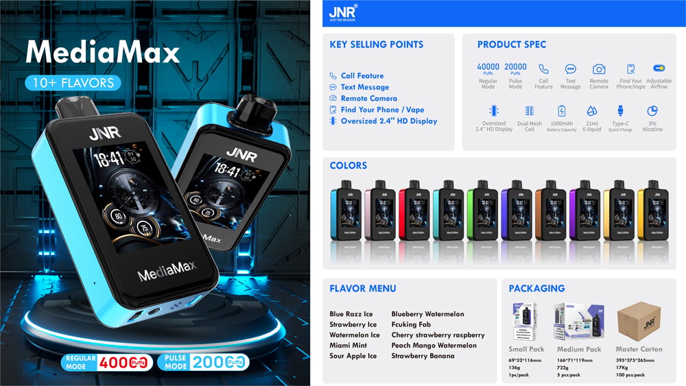 Mayoristas disponibles de Jnr Mediamax 40000 Puffs Smart 40K Vape 16 Dispositivo de vapeo Mediamax con pantalla HD de 2,4" y más de 10 opciones de sabor. Las características principales incluyen 40 000 bocanadas, funcionalidad de llamadas y mensajes de texto, cámara remota, búsqueda de dispositivo y flujo de aire ajustable. Viene en varios colores con 21 ml de e-líquido y nicotina 5%. Incluye menú de sabores y opciones de empaque.