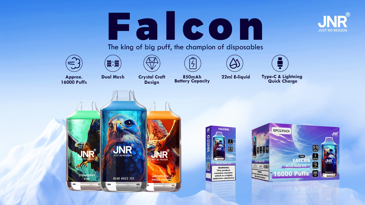 Imagen promocional del vaporizador desechable Jnr Falcon, que destaca sus características: 16 000 bocanadas, bobinas de malla doble, diseño Crystal Craft, batería de 850 mAh, e-líquido de 22 ml y carga rápida tipo C y Lightning. Se muestran tres sabores: fresa y kiwi, frambuesa azul y sandía, mango y melocotón, con detalles del empaque.