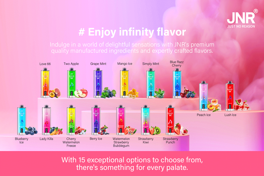 Image de produits Jnr Vape avec diverses saveurs de fruits sur fond rose. Les produits incluent Love 66, Two Apple, Grape Mint et plus encore. Le texte met en évidence « Enjoy Infinity Flavor » et mentionne 15 options de saveur.