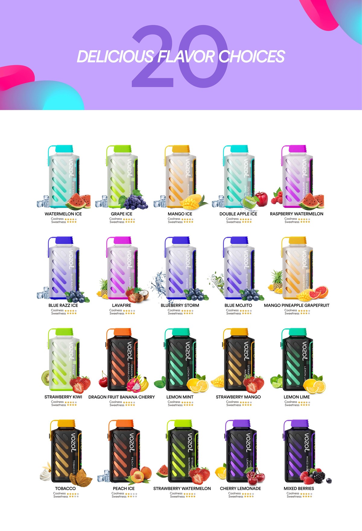 La housse Vozol Gear Power 20000 présente une sélection de vape de 20 saveurs dans un emballage coloré, comprenant des noms comme Watermelon Ice, Mango Ice et Blueberry Storm, avec des étoiles pour la fraîcheur et la douceur sous chaque saveur.