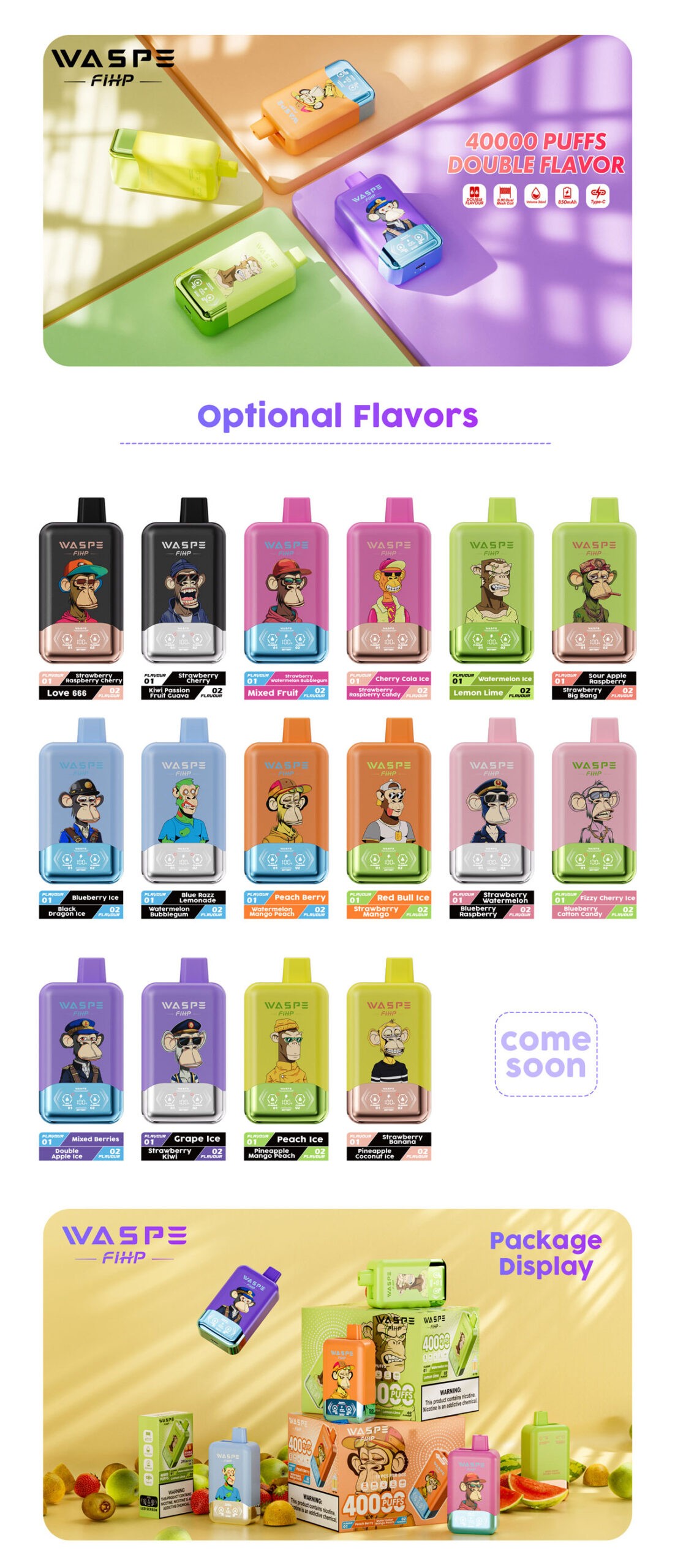 Waspe Fihp 40000 Puffs 40K Double Flavor Disposable Vapes 20 A Display Of Waspe Fihp Vape Devices Featuring Colorful Designs, Double Flavor Options, And 40,000 Puffs, With Various Flavor Combinations And Packaging Showcased.