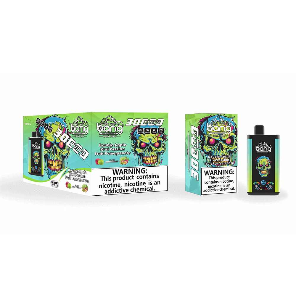Bang-30000-Puffs-Pro-Double-Apple-Kiwi-Passion-Fruit-Pomegranate Bang Disposable Vape Packaging With A Colorful Skull Design, Featuring The Flavors Double Apple, Kiwi Passion Fruit, And Pomegranate, Labeled For 30,000 Puffs. Warning Message About Nicotine Content. Brand Logo &Quot;Zugevape&Quot; At The Bottom.