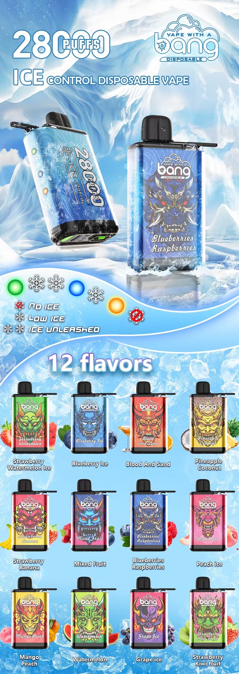 Una grafica promozionale per un prodotto Vape monouso con il testo "28.000 Puffs Ice Control Disposable Vape" e immagini dei dispositivi Vape su uno sfondo ghiacciato. La grafica mostra 12 gusti, ognuno raffigurato sul proprio dispositivo Vape, tra cui "Fragola Anguria Ghiaccio", "Mirtillo Ghiaccio", "Sangue E Sabbia", "Ananas Cocco", "Fragola Banana", "Frutta Mista", "Mirtilli Lamponi", "Pesca Ghiaccio", "Mango Pesca", "Anguria", "Uva Ghiaccio", "Fragola Kiwi Frutta".