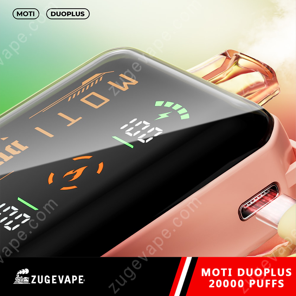 Moti Duoplus 20000 Puffs Smart Max-Screen 3 Close-Up Of A Moti Duoplus Vape Device Displaying A Digital Screen With Battery And Puff Indicators, Alongside A Charging Port.