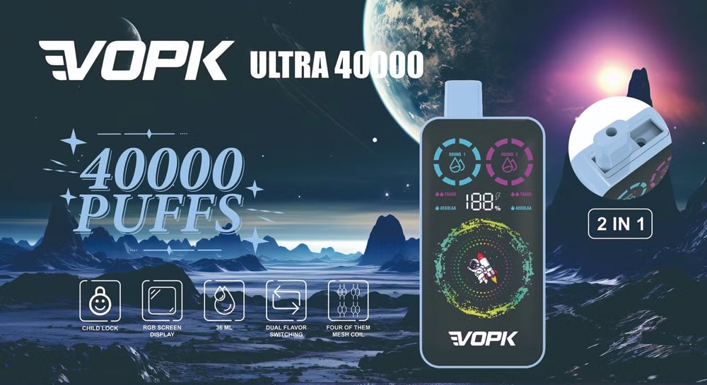 Vopk Ultra 40000 Puffs 40K Smart Screen Display Double Saveur Vapes jetables 8 Une image promotionnelle pour le Vopk Ultra 40000, un appareil de vapotage qui offre 40 000 bouffées et dispose d'une commutation à double saveur, d'un verrouillage enfant, d'un écran RVB et d'un indicateur de batterie 180%, sur fond cosmique. L'appareil est présenté de manière visible, avec des icônes détaillant ses fonctionnalités.