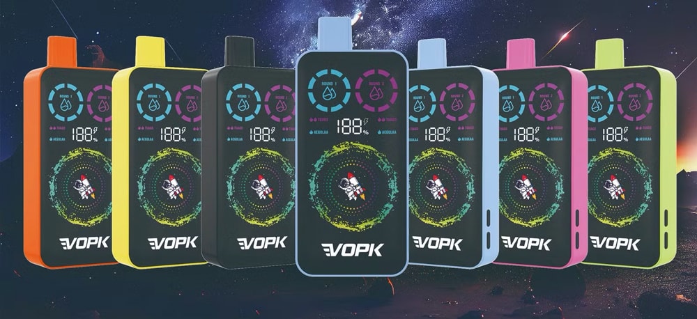 Vopk Ultra 40000 Puffs 40K Smart Screen Display Double Saveur Vapes jetables 9 Une gamme d'appareils électroniques colorés avec des écrans numériques et des designs futuristes.