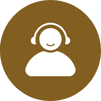 A White Headset Icon With A Smiling Person Silhouette On A Brown Circular Background.
