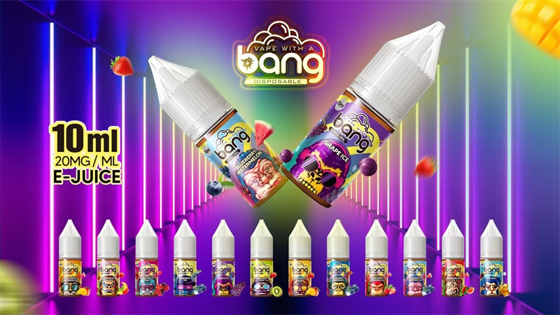Bang Vape E-Liquid 10Ml Refillable Oil 10 &Quot;Colorful Display Of Vape Juice Bottles With 10Ml, 20Mg/Ml E-Juice, Featuring Bang Disposable Branding And Various Fruit Flavors On A Neon-Lit Background.&Quot;