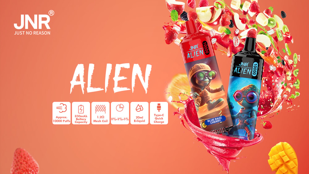 Promotional Image For Jnr Alien Disposable Vape Devices Featuring Two Designs, &Quot;Blue Razz Cherry&Quot; And &Quot;Strawberry,&Quot; With 10,000 Puffs, 850Mah Battery Capacity, 20Ml E-Liquid, 1.2Ω Mesh Coil, And Type-C Quick Charge, Surrounded By Vibrant Fruit Graphics On An Orange Background.