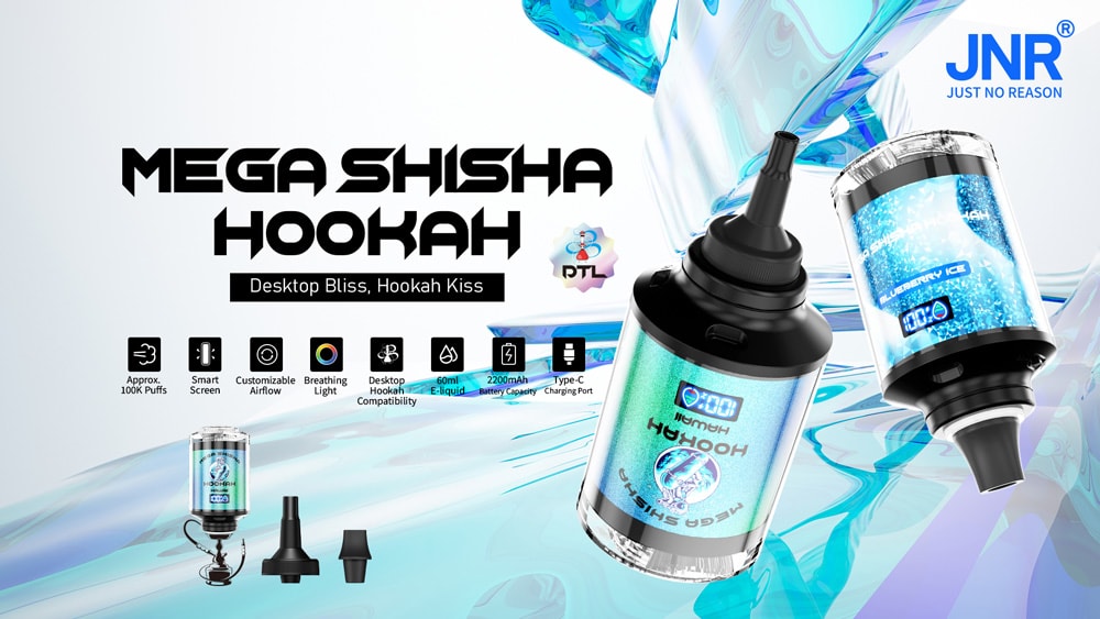 Jnr Mega Shisha Hookah 100K Puffs Disposable Vape 18 Mega Shisha Hookah Device With A Modern Design, Featuring Customizable Airflow, Breathing Light, Desktop Compatibility, Smart Screen, And A Type-C Charging Port, Displayed With Product Branding And Specifications.
