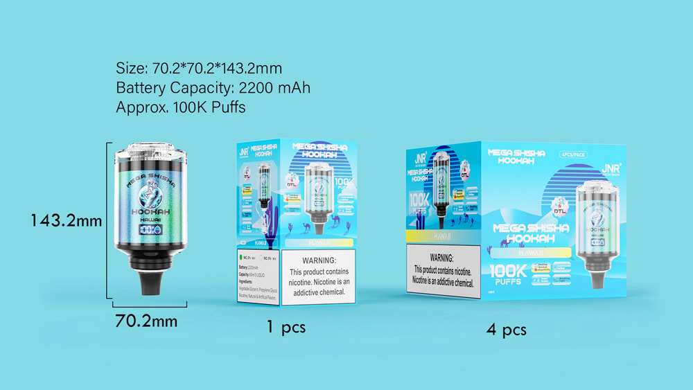 Jnr Mega Shisha Hookah 100K Puffs Disposable Vape 19 Product Image Of Mega Shisha Hookah Hawaii With Dimensions 70.2X70.2X143.2Mm, Battery Capacity 2200Mah, Approximately 100,000 Puffs, Shown In Single And Four-Piece Packaging With Nicotine Warning Label.