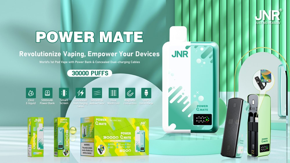 Jnr Power Mate 30000 Puffs 30K Smart Screen Power Bank Disposable Vape 12 Jnr Power Mate Vape Device With 30000 Puffs, 19Ml E-Liquid, 5000Mah Power Bank, Smart Screen, Dual-Charging Cables, And Magnetic Connection, Showcased With Packaging And Product Features.