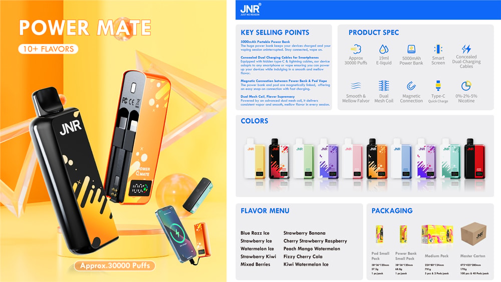 Jnr Power Mate 30000 Puffs 30K Smart Screen Power Bank Disposable Vape 13 Promotional Image Of Jnr Power Mate Vape Device Featuring Approx. 30,000 Puffs, 10+ Flavors, 5000Mah Power Bank, Smart Screen, Dual Mesh Coil, Type-C Quick Charge, And Magnetic Connection, With Various Colors And Flavor Options Displayed.