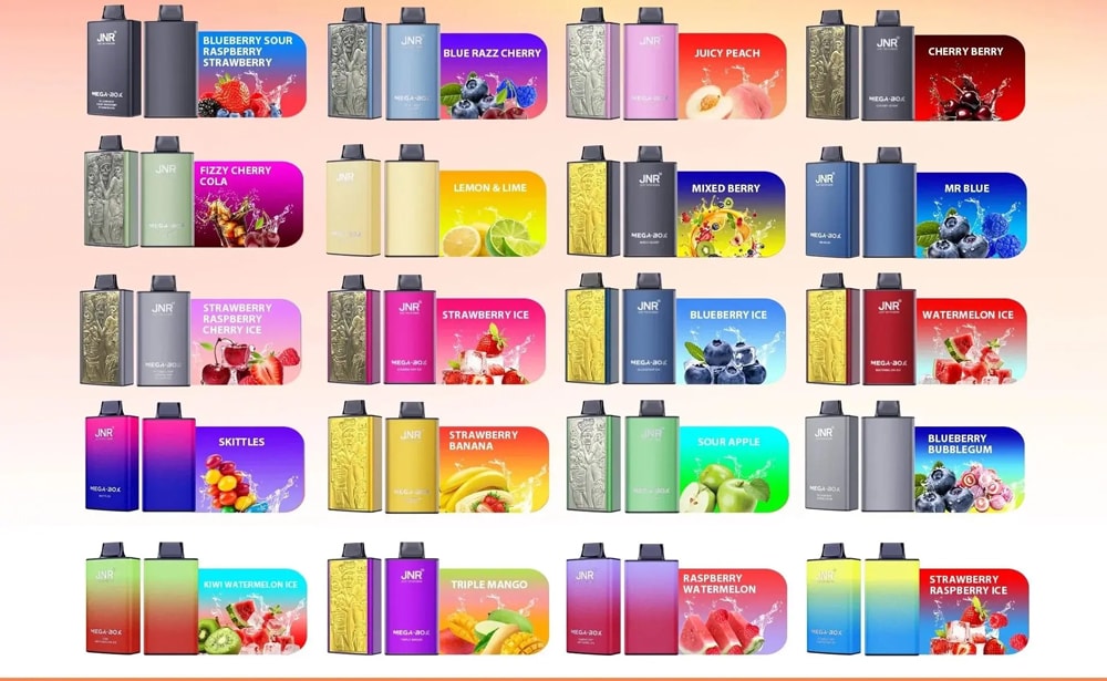 En visning av olika vape-enheter i flera mönster och färger, var och en parad med matchande etiketter som visar olika frukt- och söta smakalternativ i livfull grafik.