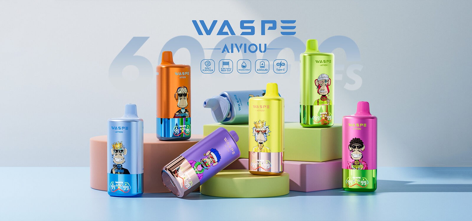 A variety of brightly colored Waspe products featuring cartoon monkey characters on display with icons indicating features like 650mAh battery and Type-C charging.