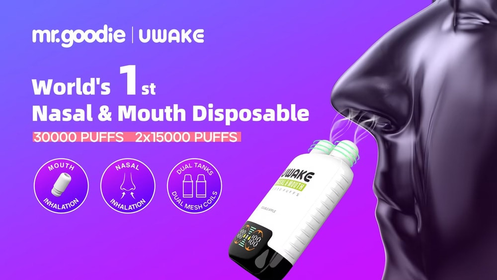 Mr.goodie Uwake 30000 パフ 30K 鼻腔&アンプ; Mr.Goodie Uwake 30000パフのプロモーショングラフィックは、紫色の背景に設定されたデュアルタンク全体に30,000パフの容量が分割され、容量が30,000パフの容量を備えた、鼻と口の使い捨ての両方の蒸気を紹介します。