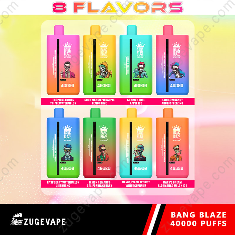 Bang Blaze 40000 Puffs 40K Vape jetable à double saveur 14 Affichage de huit appareils de vape Bang Blaze 40 000 bouffées colorés avec différentes saveurs, noms et illustrations de personnages stylisés sur chaque unité, marque et « 40 000 bouffées » bien en évidence.