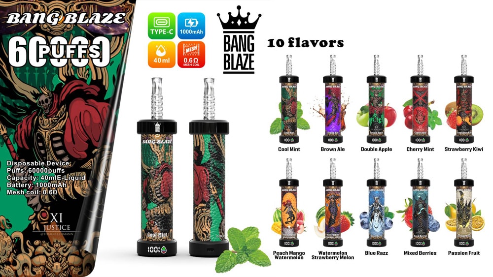 Bang Blaze 60000 パフ 60K LED ディスプレイ使い捨て Vape ペン 12 Bang Blaze 60000パフのプロモーション画像パッケージに様式化されたスケルトンウォリアー、主要な製品機能(60,000パフ、40ml E液体、1,000mAhバッテリー、0.6Ωメッシュコイル)の様式化されたスケルトンウォリアー、およびイラスト入りのベイプペンと対応するフルーツまたはビートイコンを備えた10のフレーバーを披露します。