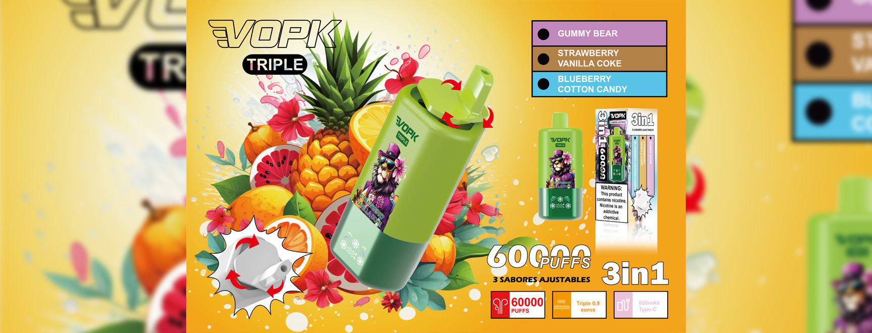 Colorful Advertisement For Vopk Triple 3-In-1 Vape Featuring A Green Vape Device, Assorted Fruits Like Pineapple And Orange, Product Flavor Options, And Highlighted Features Such As 60,000 Puffs.