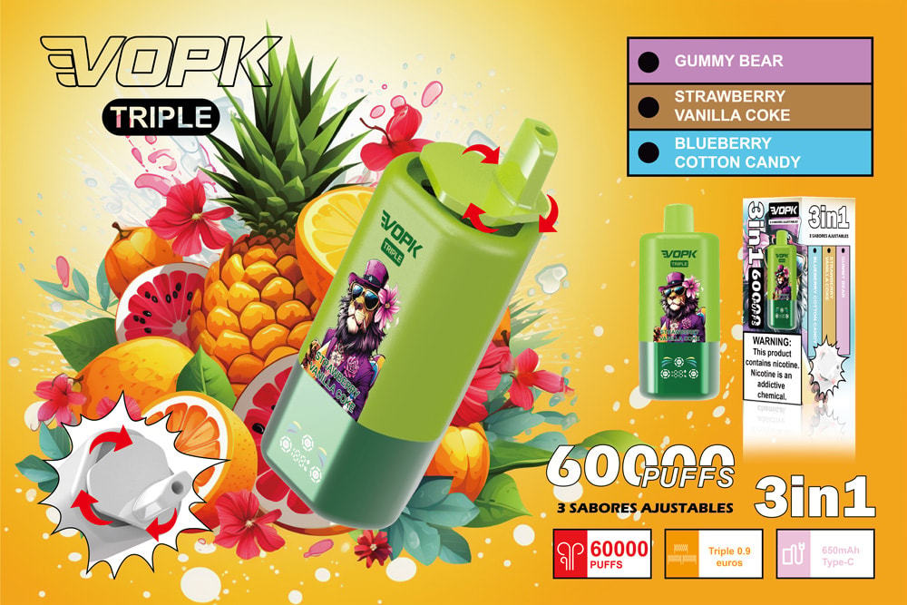 Vopk Triple 60000パフのカラフルな広告は、イラスト入りのトロピカルフルーツと花に囲まれた緑色の蒸気装置の中心的な画像を特徴としています。