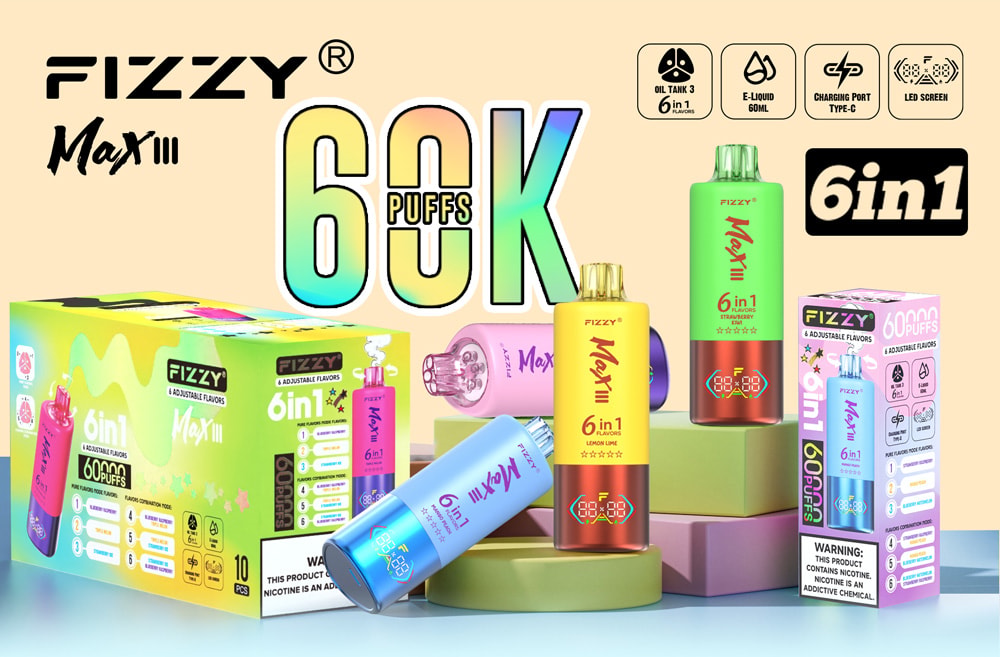 Anuncio colorido de los productos desechables de vapeo Fizzy Max III, que muestra varios dispositivos de vapeo en colores y sabores surtidos, una caja de 10 unidades, características del producto y un texto grande que dice "60 000 bocanadas" y "6 en 1".