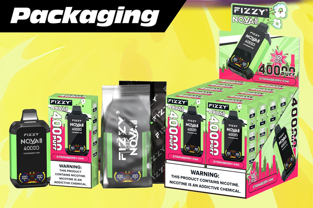 Fizzy Nova Plus 40000 パフ 40K Lcd ディスプレイ使い捨て Vape EU 倉庫 16 Fizzy Nova Plus 40000 PuffsStrawberry Kiwi Vape Packagingディスプレイ。個々のデバイス、ボックス、および黄色の背景にニコチン含有量に関する警告ラベルを備えています。