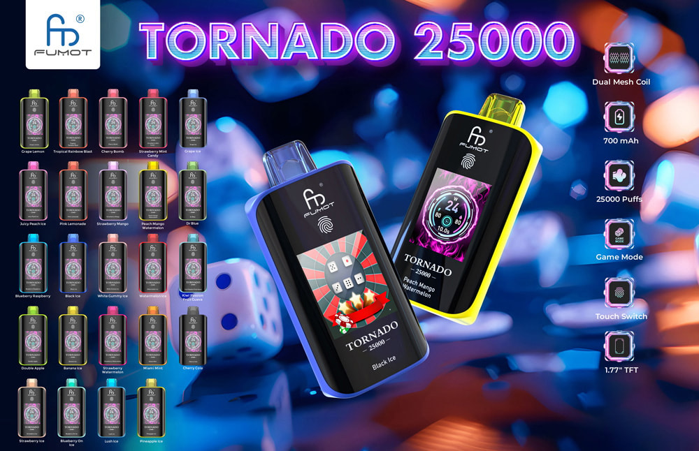 Fumot トルネード 25000 パフ 25K スマート スクリーン 使い捨て VAPE 26 Fumot Tornado 25000 Puffs Vape Deviceのカラフルなプロモーション画像。2つの主要なデバイス、フレーバーオプションの選択、デュアルメッシュコイル、700 mAhバッテリー、25,000パフ、ゲームモード、タッチスイッチ、1.77インチのTFTスクリーンなどの主要な機能は、鮮やかでぼやけた背景とライトを備えています。