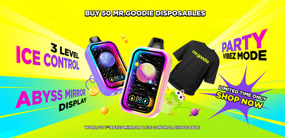 Colorful Advertisement For Mr. Goodie 50000 Puffs Disposable Vapes Featuring Two Bright, Futuristic Vape Devices, A Black T-Shirt With 'Mr.goodie' Text, And Promotional Phrases Such As '3 Level Ice Control,' 'Abyss Mirror Display,' And 'Limited Time Only, Shop Now' On A Vibrant Yellow And Blue Background.