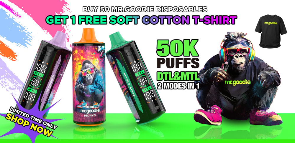 Mr.goodie シーシャ 50000 パフ 50K DTL/MTL デジタル ディスプレイ 使い捨て VAPE 14 Mr.Goodie Shisha 50000パフのプロモーション画像3つのカラフルな蒸気のあるデバイスを備えた使い捨て蒸気、黒い「Mr.Goodie」Tシャツとネオンスニーカーを着たゴリラスーツを着た人、無料のTシャツのオファー、「50Kパフ」と「DTL& MTL」機能を強調する大胆なテキスト。