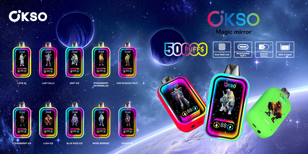 Okso マジック ミラー 50000 パフ 50K 液晶ディスプレイ使い捨てベープ 13 Okso Magic Mirror 50000パフのプロモーション画像デジタルキャラクターディスプレイ、惑星スペースの背景、500パフ、デュアルメッシュコイル、充電可能なタイプC、650mAhバッテリー、10ml E-Liquid容量を強調するカラフルな蒸気装置のデバイスを備えた使い捨て蒸気。