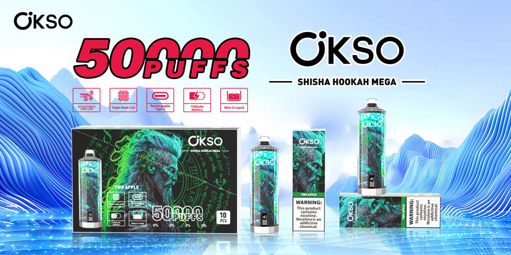 Okso Shisha Narghilè Mega 50000 Soffi 50K Flusso d'aria regolabile Vape usa e getta 13 Immagine pubblicitaria per Okso Shisha Hookah Mega 50000 Puffs, che mette in risalto un dispositivo per svapare con una grafica color neon raffigurante un uomo, la confezione del prodotto e caratteristiche quali 50.000 Puffs, flusso d'aria regolabile, bobina a tripla maglia, batteria da 1100 mAh ed e-liquid da 40 ml.