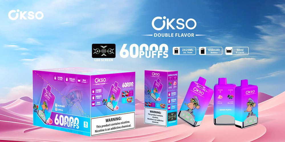 Okso Double Flavor 60000 Puffs 60K Led Screen Disposable Vape 13 Okso Double Flavor 60000 Puffs Disposable Vape Product Display With Packaging, Devices, And Key Features Such As 60,000 Puffs, Led Screen, 2X25Ml Oil Tank, 650Mah Battery, And 50Ml E-Liquid Against A Colorful, Stylized Background.