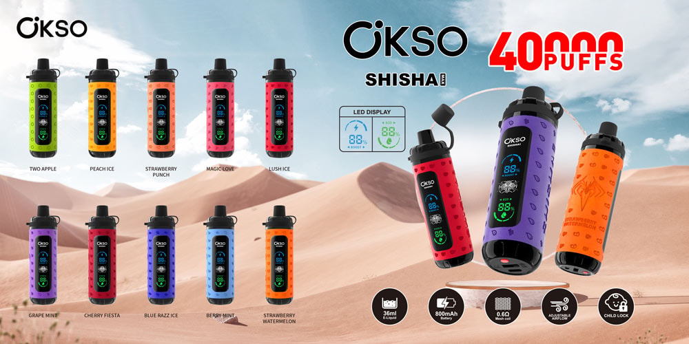 Okso Shisha Max 40000 パフ 40K 調整可能なエアフロー 使い捨て Vape 13 さまざまなOkso Shisha Max 40000 Puffsデバイスのディスプレイは、砂漠の背景に対して設定された複数の色とフレーバーのデバイスで、LEDディスプレイ、40,000パフ、調整可能なエアフロー、チャイルドロックなどの機能を強調しています。