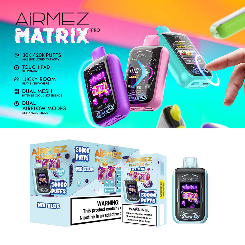 Three Airmez Matrix Pro 30000 Puffs In Purple, Pink, And Turquoise With Digital Displays Highlighting Features Like Puffs And Flavors, Alongside Packaging Boxes Labeled 'Mr Blue' With 30,000 Puffs And Nicotine Warning Labels.
