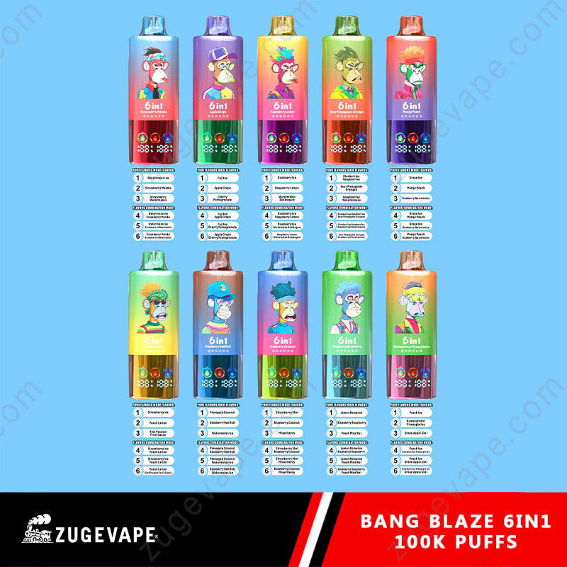 Affichage de dix appareils de vape 6 en 1 Bang Blaze 100 000 bouffées colorés, chacun comportant une illustration de primate de dessin animé et une liste de différentes saveurs en dessous, avec le logo Zugevape et la marque « 100 000 bouffées » en bas.