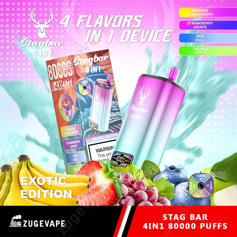 Dispositif de vape 4 en 1 Stagbar avec quatre saveurs: Banana Strawberry, Greatberry Grape, Red Bull et Double Apple, avec des images de fruits et un dispositif de vape à gradient violet et bleu sur un fond vif