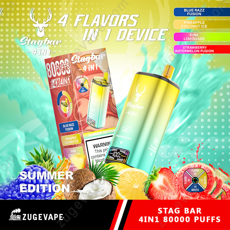 Dispositif de vapotage coloré et emballage étiqueté Stagbar 4 en 1 avec 80 000 bouffées, avec quatre saveurs: fusion Blue Razz, Fusion de noix de coco à l'ananas, limonade rose et fusion de pastèque aux fraises, entourée d'images de fruits correspondantes et d'un graphique à la saveur.