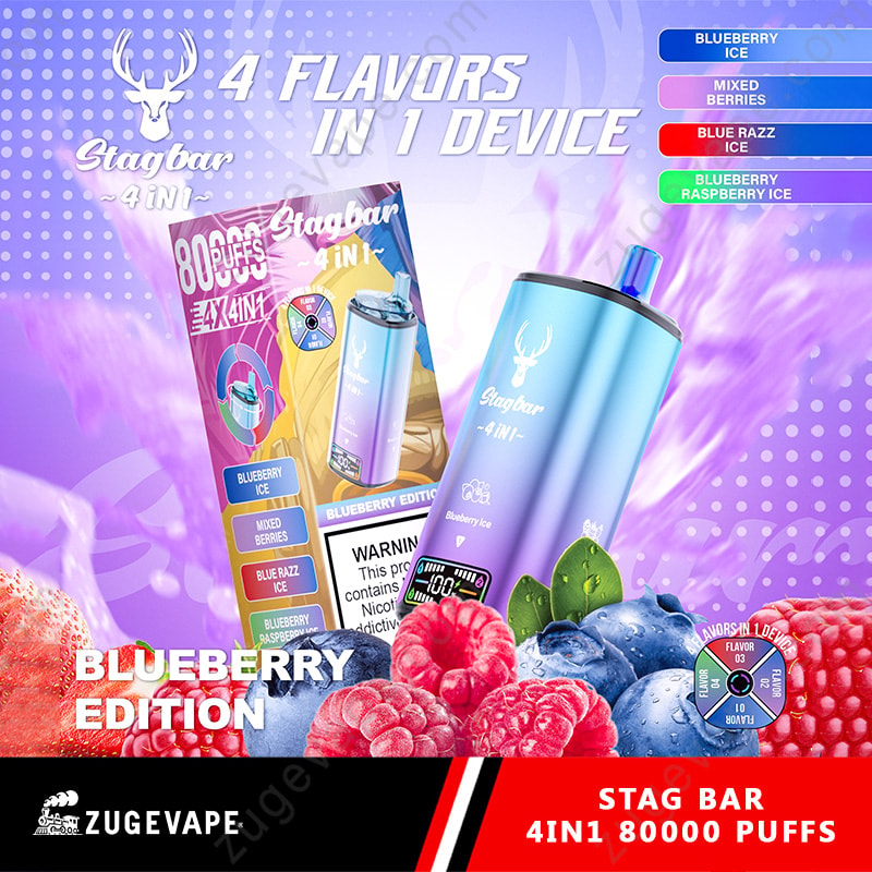 Dispositif de vape Stagbar Gradient bleu et violet étiqueté «Blueberry Edition» aux côtés de son emballage, entouré de bleuets frais et de framboises, mettant en évidence quatre saveurs dans un appareil et 80 000 bouffées.