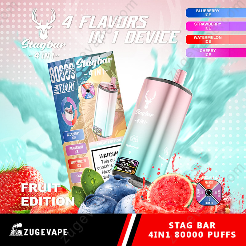 Dispositif et emballage de vape 4 en 1 Stagbar montrant 80 000 bouffées avec quatre saveurs: glace aux myrtilles, glace aux fraises, glace de pastèque et glace cerise, entourée d'images de fruits correspondants et d'un graphique de roue de saveur sur un fond léger.