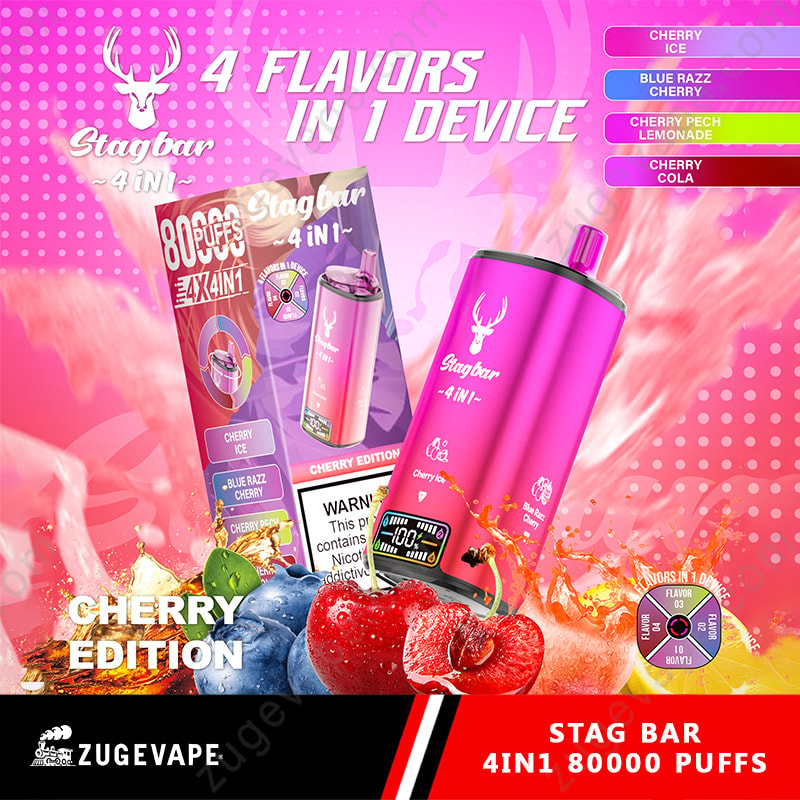Dispositif de vape Stagbar rose et emballage mettant en évidence 4 saveurs dans 1 appareil avec 80 000 bouffées, Cherry Edition avec de la glace de cerise, des cerises Blue Razz, de la limonade de pêche cerise et des saveurs de cola cerise, avec des images de cerises, de bleuets et de liquide d'éclaboussures sur un fond rose vibrant.