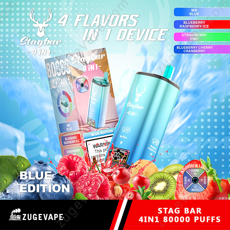 Image publicitaire pour le dispositif de vapotage 4 en 1 Stagbar dans Blue Edition avec 80 000 bouffées, quatre saveurs (Mr Blue, Blueberry Raspberry Ice, Strawberry Kiwi, Blueberry Cherry Cranberry), avec l'appareil affiché aux côtés de fruits frais représentant des saveurs et une roue couleur.