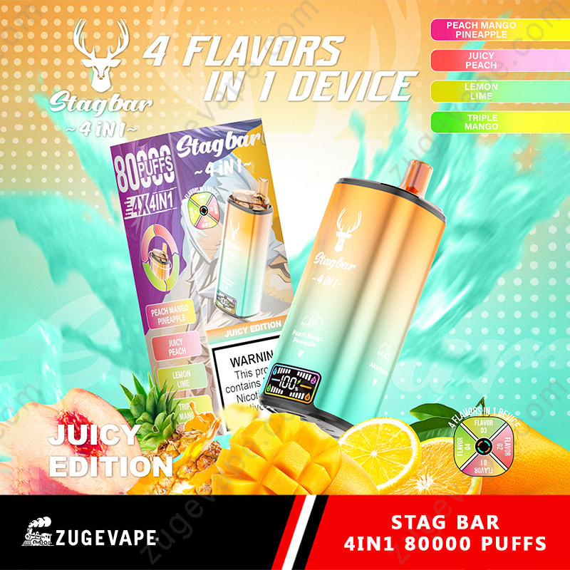 Image promotionnelle pour le dispositif de vapotage 4 en 1 Stagbar avec un appareil de couleur dégradé et son emballage, mettant en évidence quatre saveurs: pêche ananas, pêche juteuse, citron vert et mangue triple, avec des images de fruits frais et un compteur de bouffée numérique montrant 100.