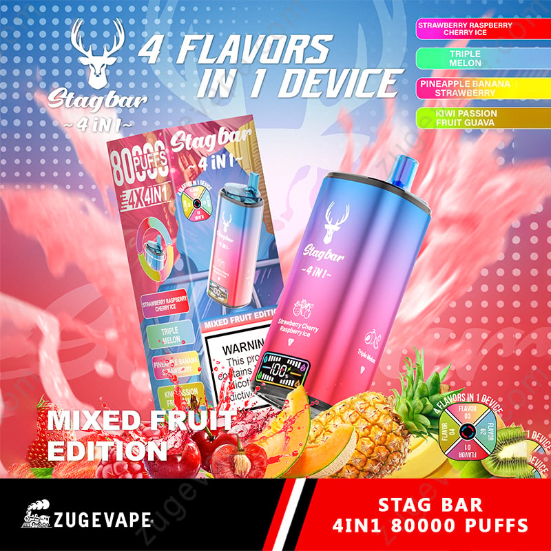 Stagbar 4 en 1 dispositif de vapotage et emballage avec une couleur bleu à rose dégradé, avec des saveurs de fruits mixtes et 80 000 bouffées, entourée d'images de fraises, de cerises, de melon, d'ananas, de banane, de fruits de la passion et de goyave sur un fond coloré.